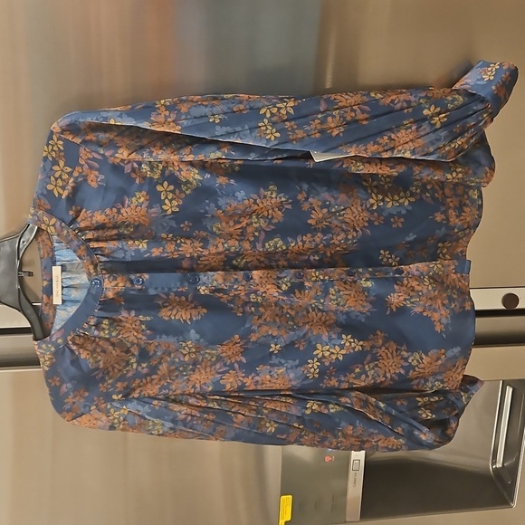 💕SKIES ARE BLUE💕Long-Sleeve Button-Down Blouse ~ Teal Mustard Print  NWT - Picture 7 of 14